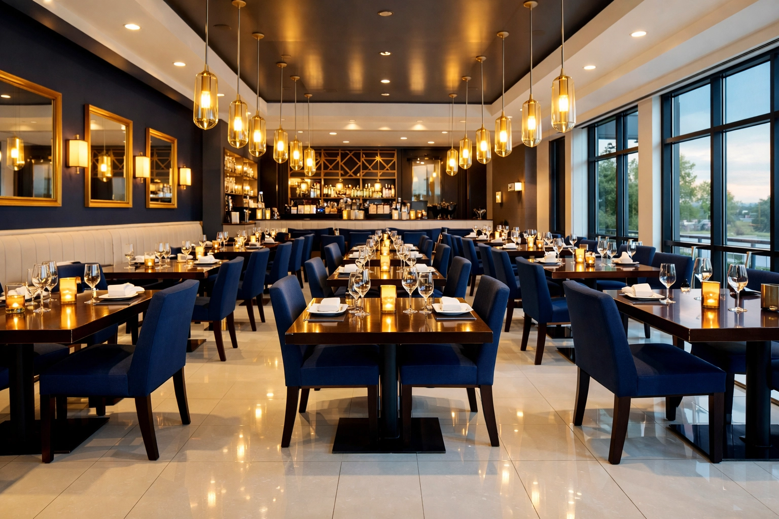Spotless dining area in a Fitchburg restaurant with polished tables and shining floors.