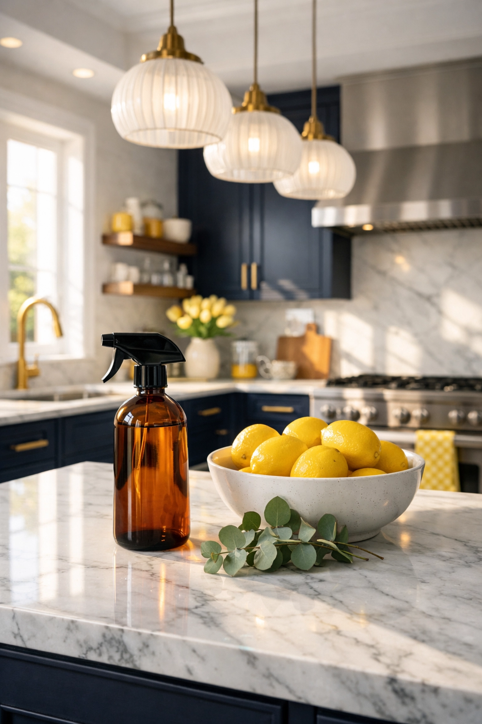 Eco-friendly cleaning products on a white marble island in a luxury Westwood kitchen.