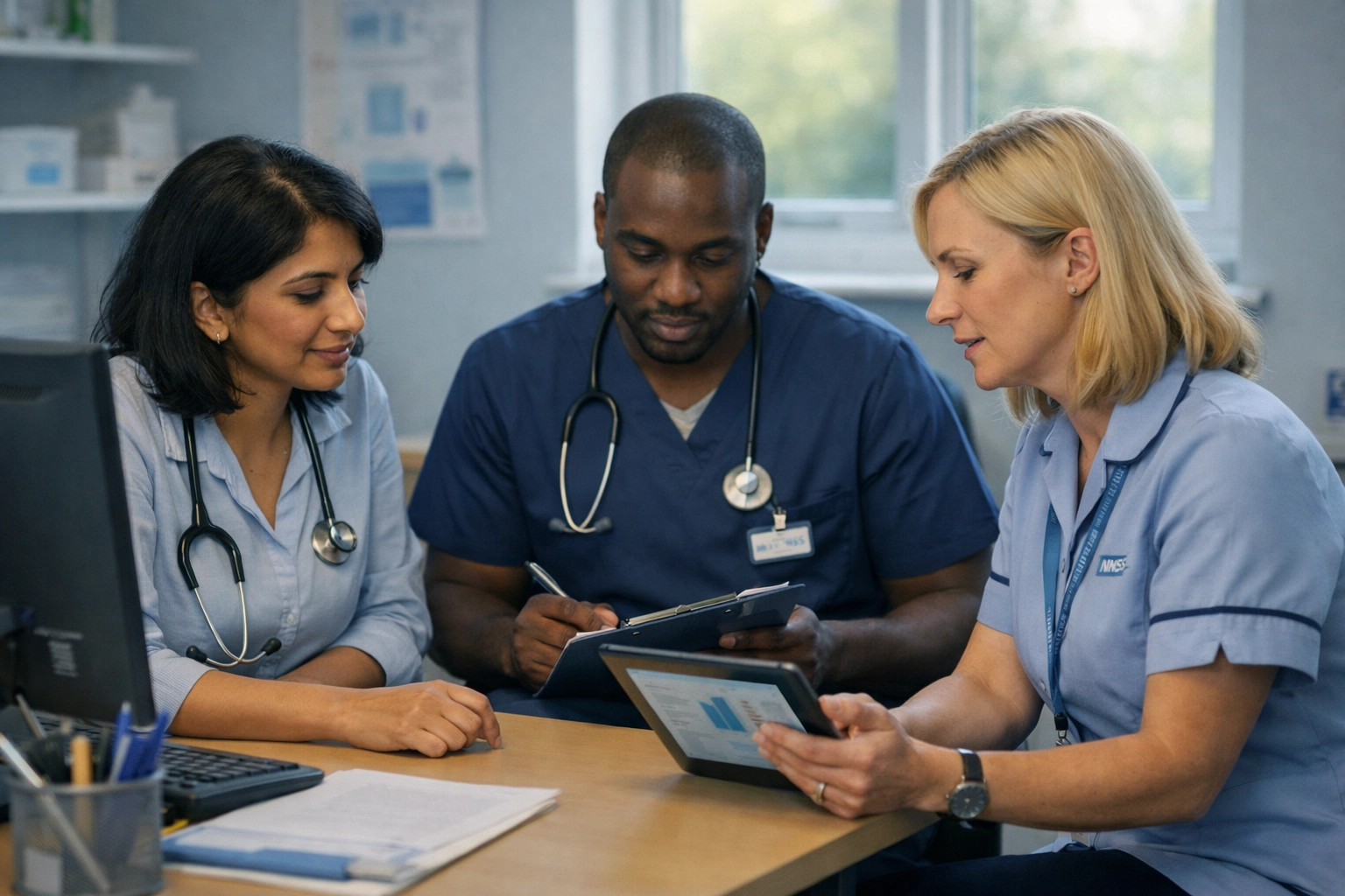 NHS healthcare professionals discussing asthma care and treatment plans in GP practice