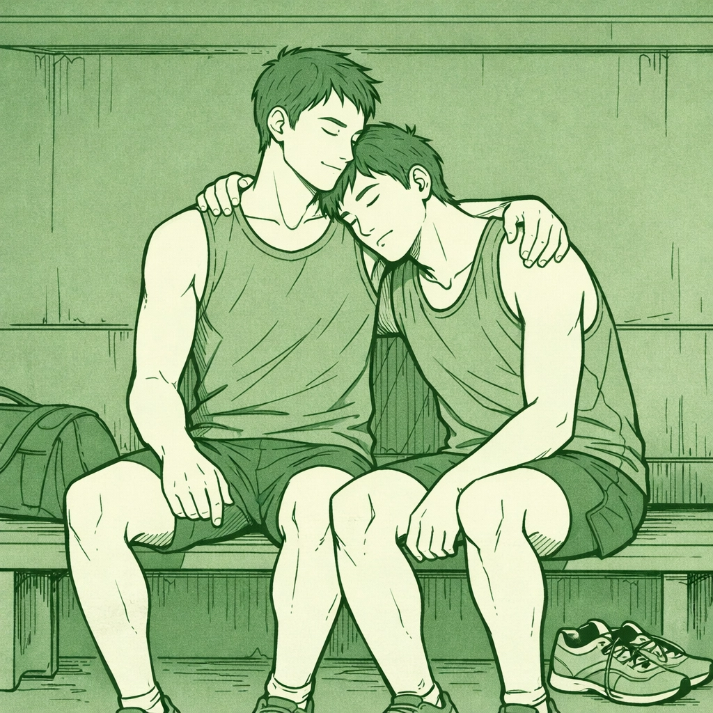 Tender MM romance scene of two male athletes sharing a quiet embrace in a locker room.