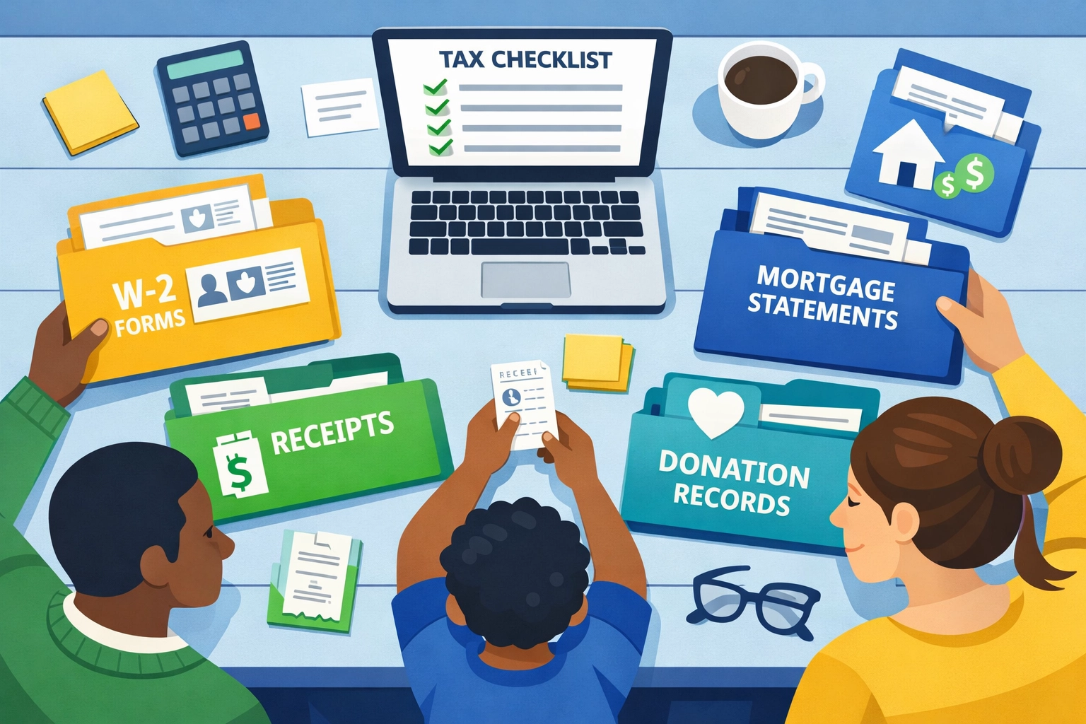 Family organizing tax documents for 2026 deductions and refund optimization