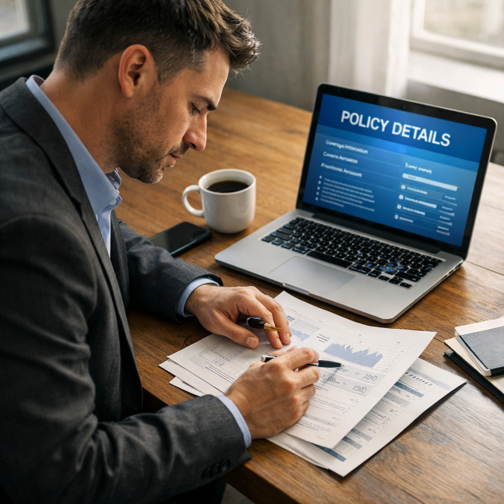 Entrepreneur reviewing Infinite Banking policy documents and financial planning strategy at desk