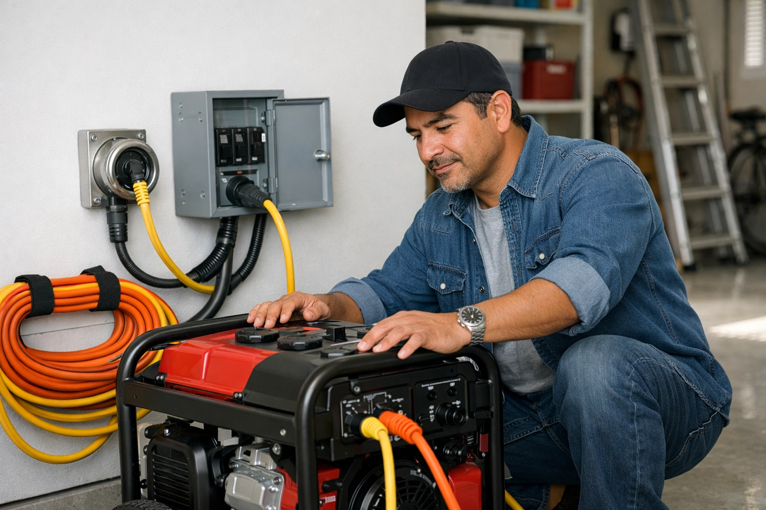 Mexican father safely checking a portable generator setup with a manual transfer switch and neatly managed cords in a bright, clean garage.