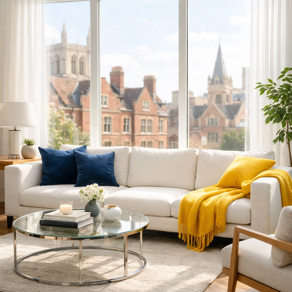 Sunlit modern living room highlighting professional house cleaning Cambridge MA for a sparkling home.