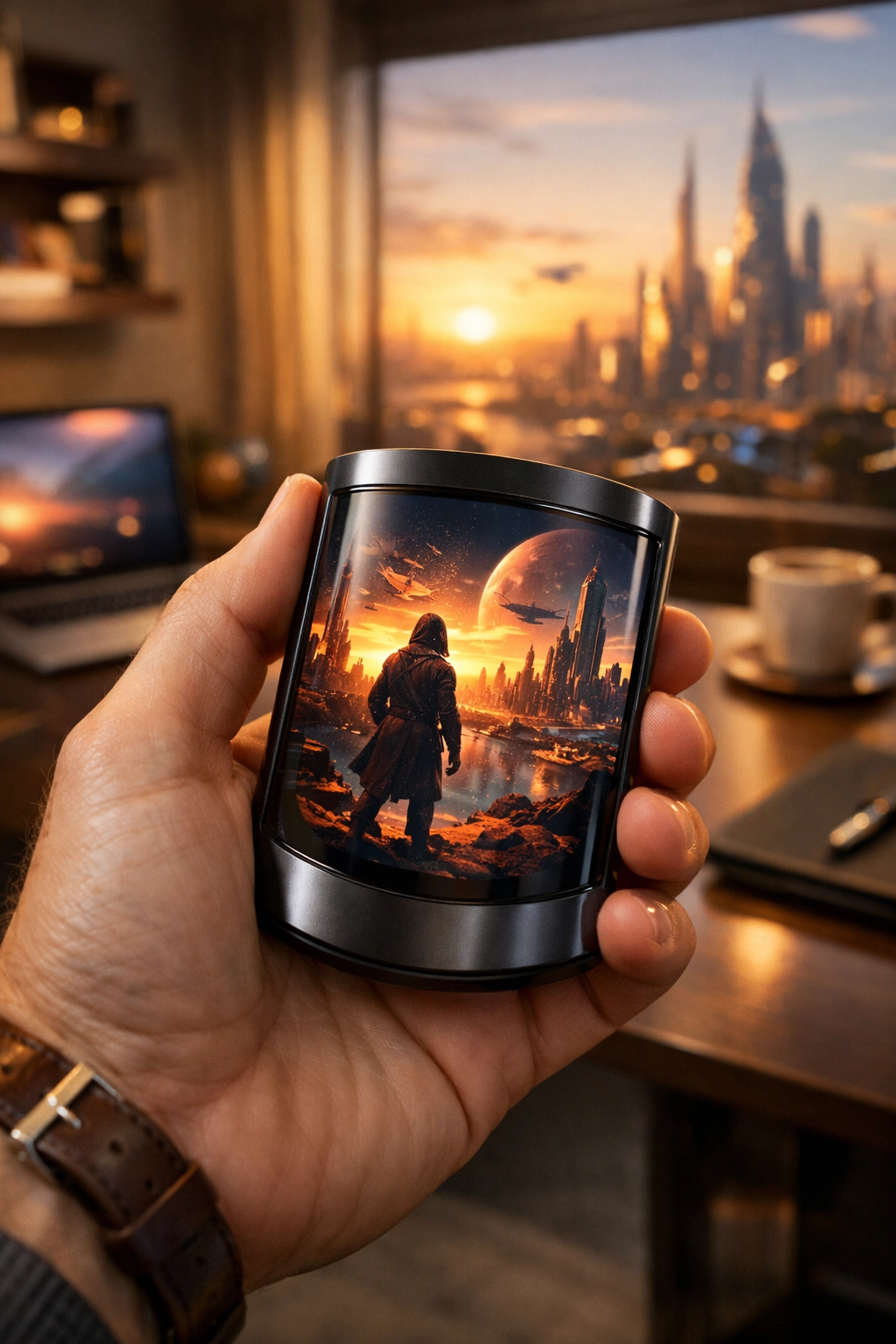 User holding a high-end cryptocurrency hardware wallet displaying a custom NFT on the screen.