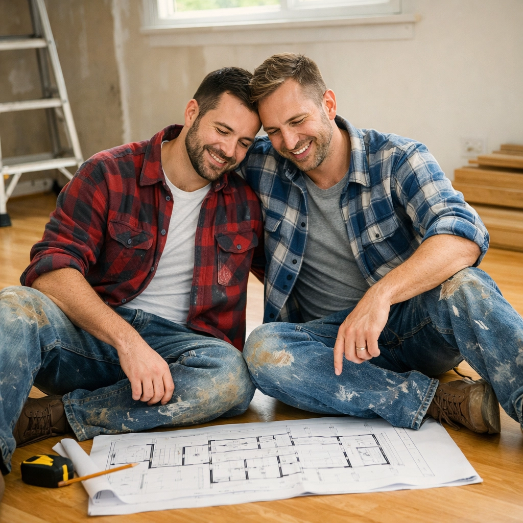 A happy gay couple in flannel shirts sits among blueprints, building a life together in a renovated house.