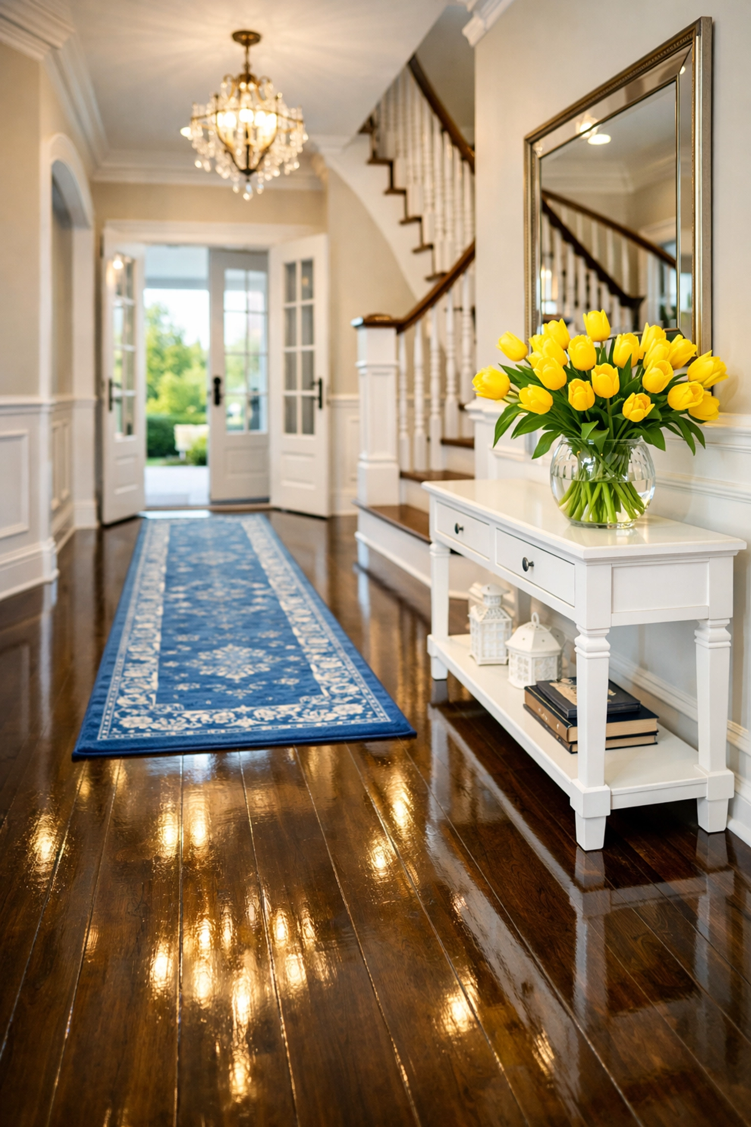 Pristine home entryway with polished wood floors showcasing results of cleaning services near me.