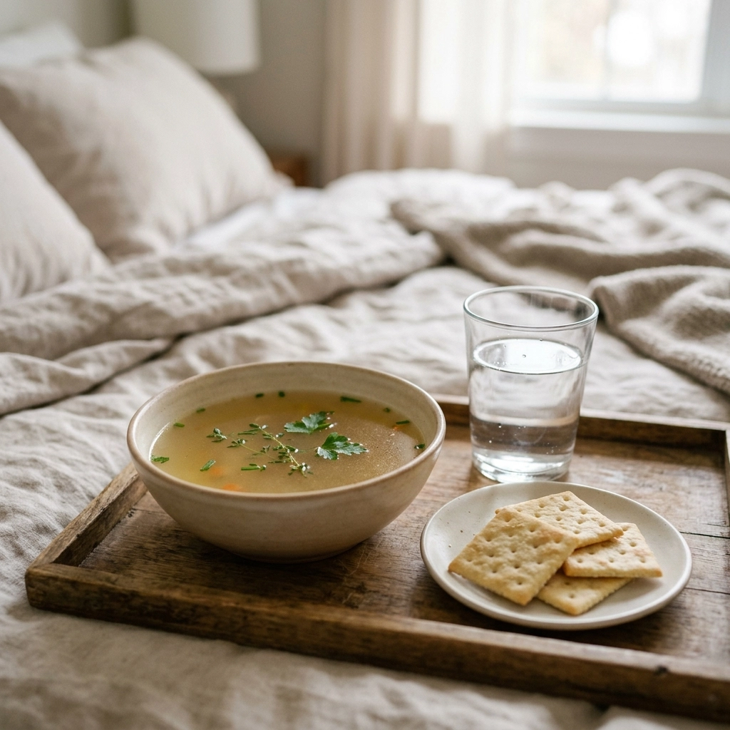 A comforting bowl of broth and crackers