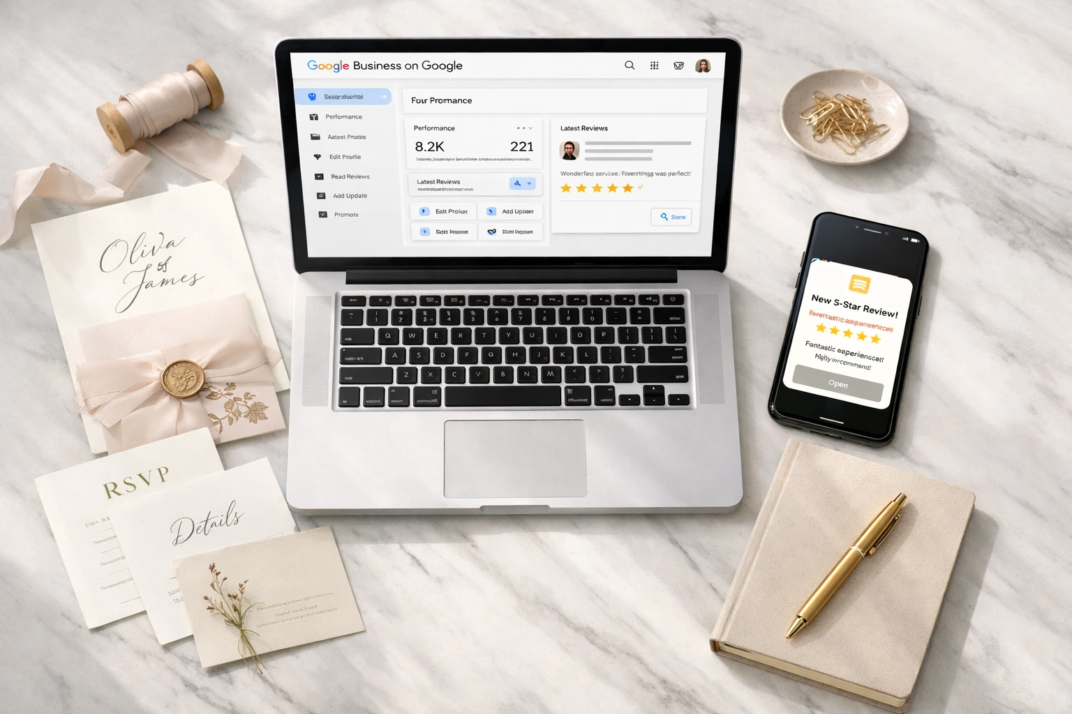 Event planner workspace with Google Business Profile dashboard and five-star reviews