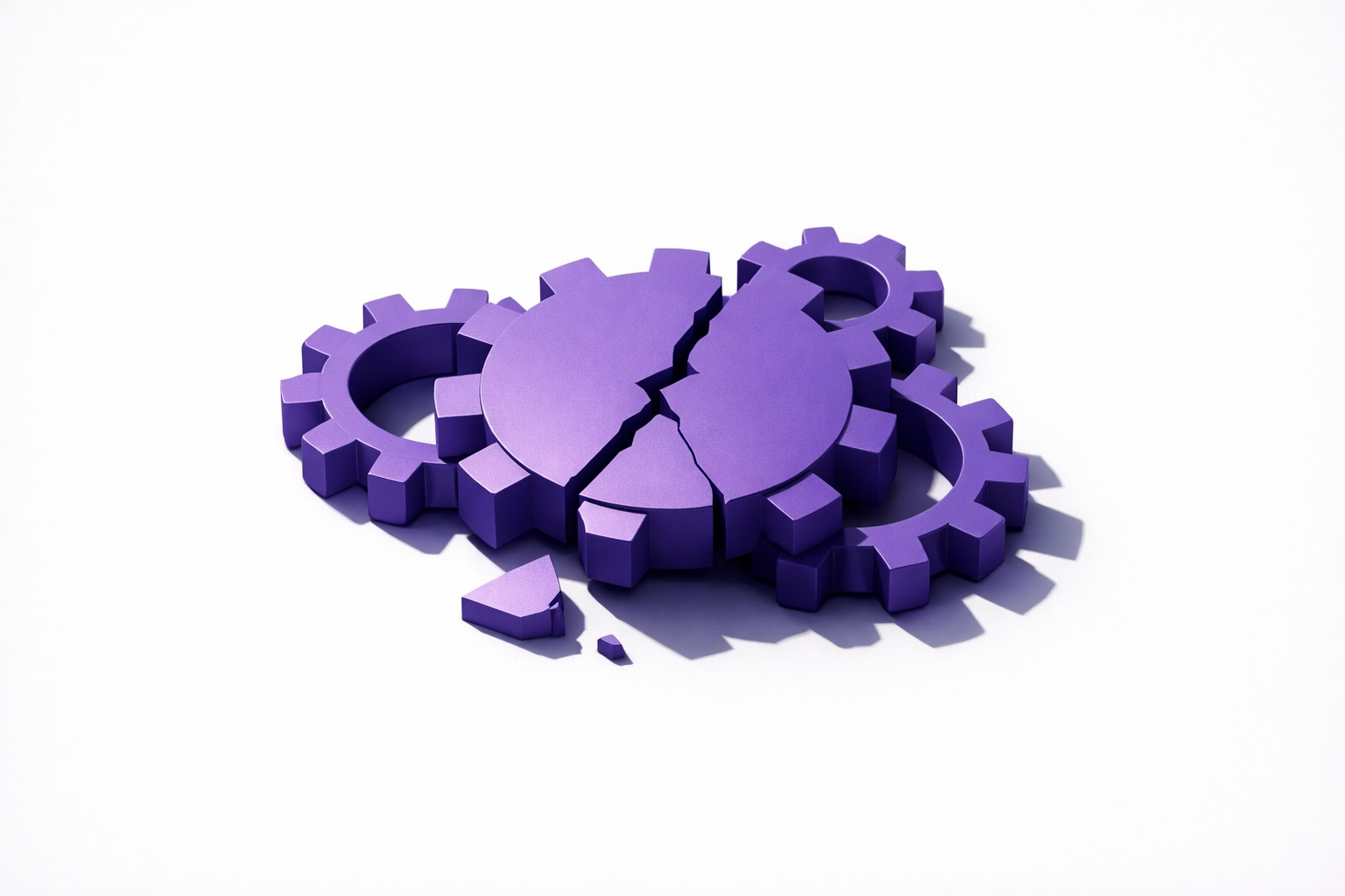 A fractured purple gear representing the breakdown of automated bookkeeping and failed software systems.