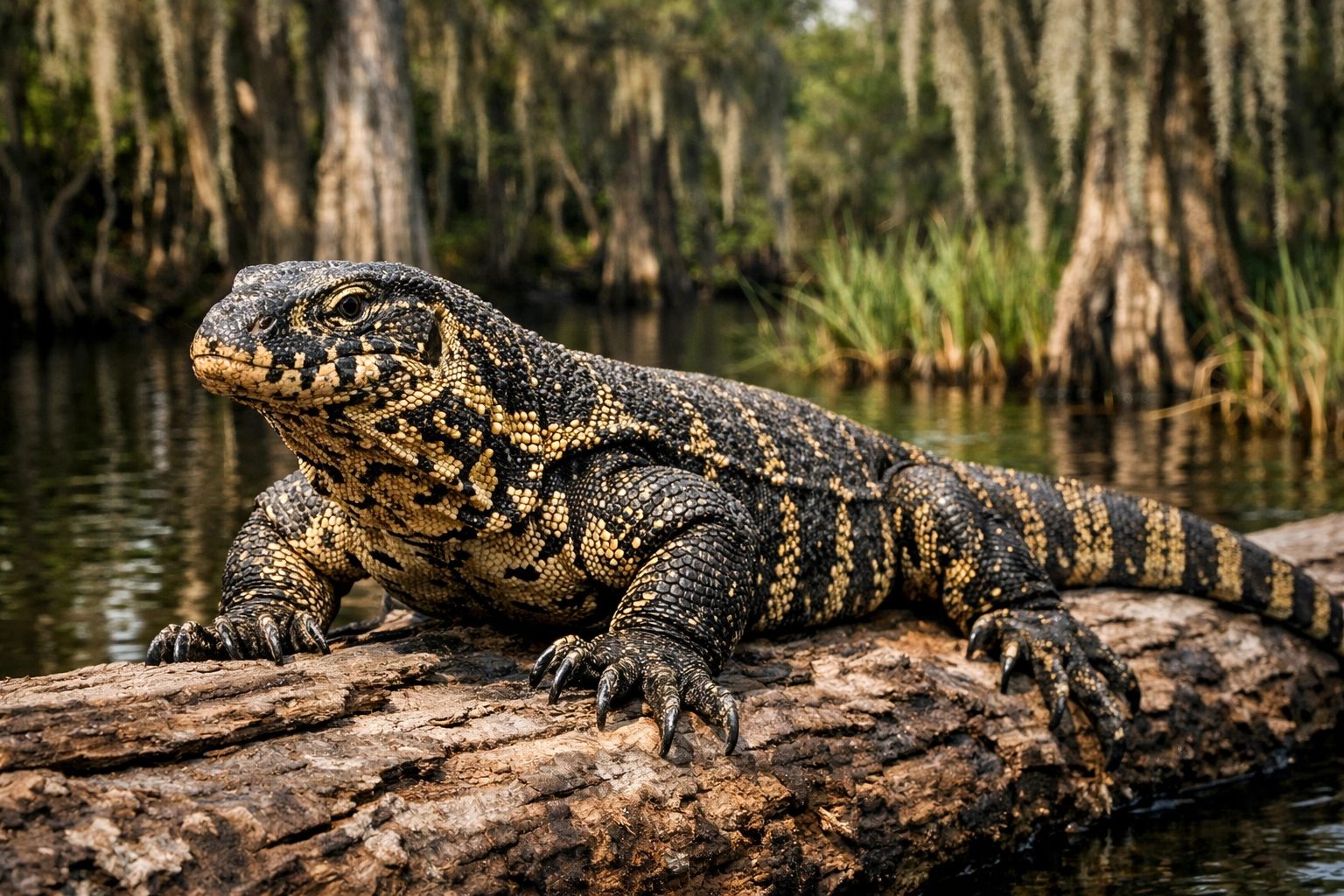 Nile monitor lizard in Florida wetlands demonstrating invasive species threat