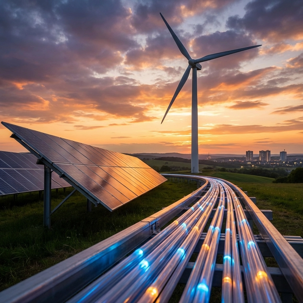 Modern infrastructure with wind turbine, fiber optics, and solar panels, representing real asset investments in wealth strategies