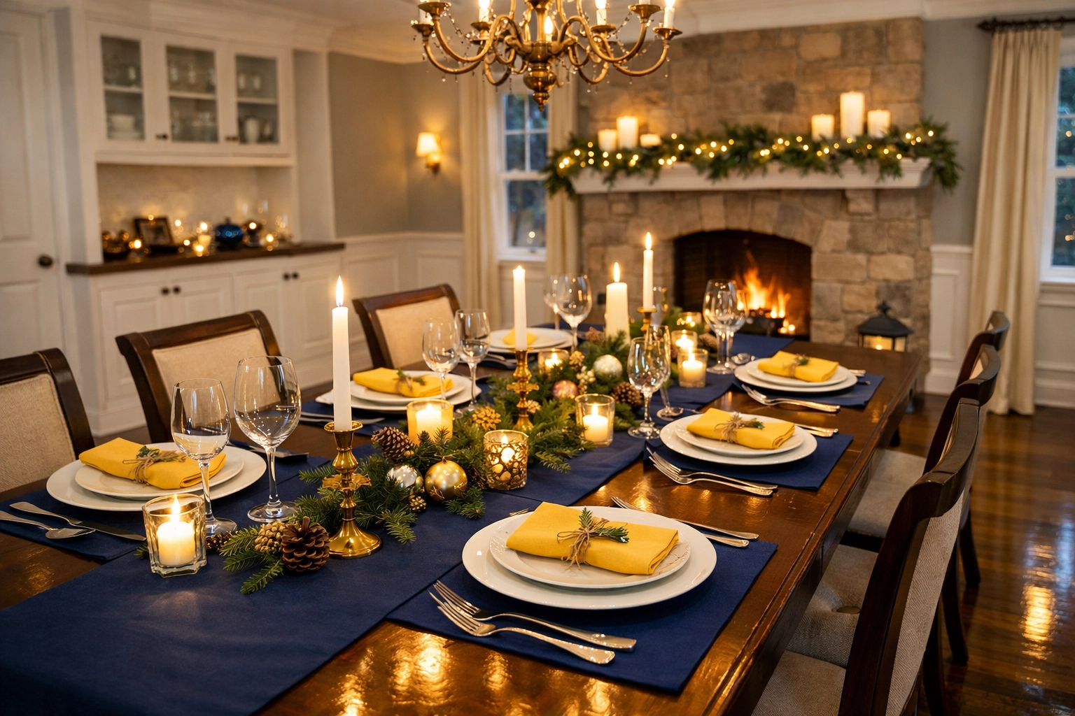 A dust-free dining room in Stow MA prepared for a holiday dinner with gleaming hardwood floors.