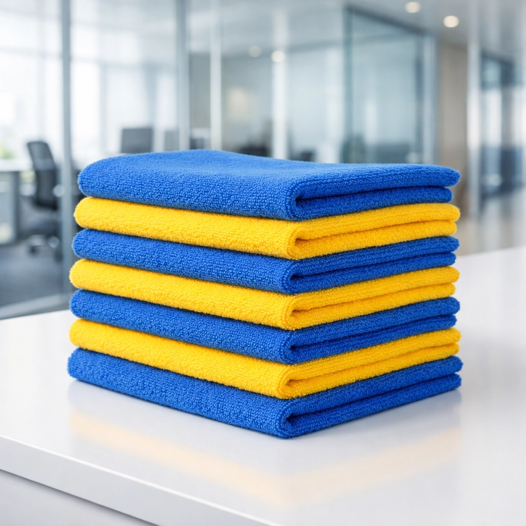 Color-coded microfiber cloths ready for sanitary commercial cleaning services in Bedford.