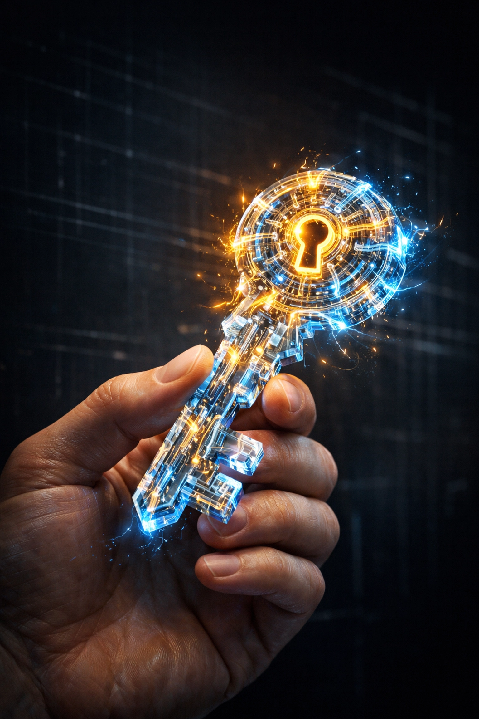 Secure merchant self-custody represented by a digital holographic key for private wallet access.