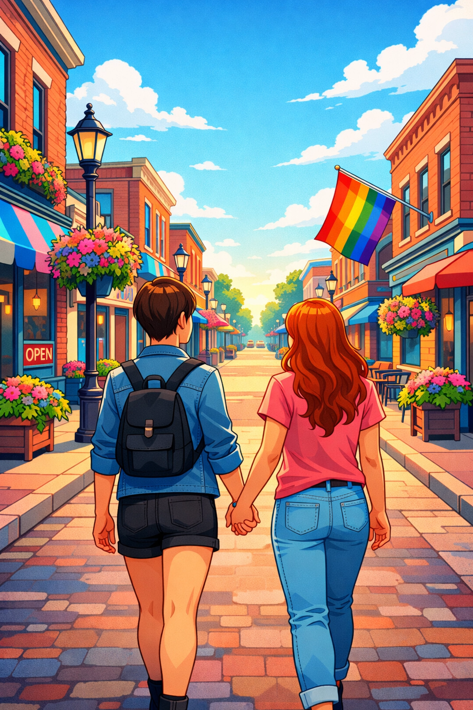 Lesbian couple walking together in a welcoming small town with a pride flag displayed on a storefront.