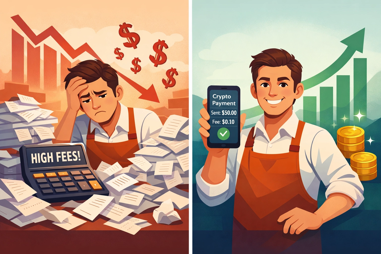 Crypto POS fee comparison showing lower costs versus traditional payment processor fees