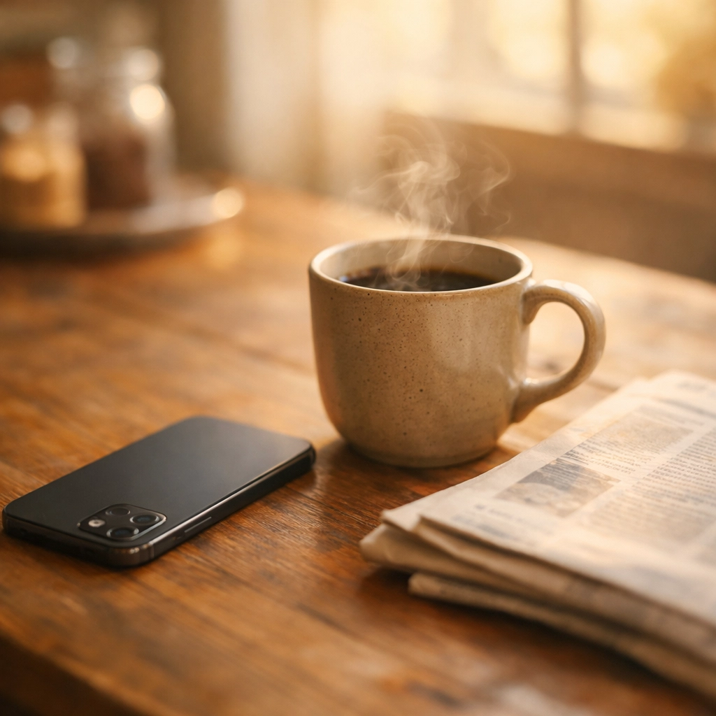 Phone face-down next to coffee and newspaper showing intentional morning news boundaries