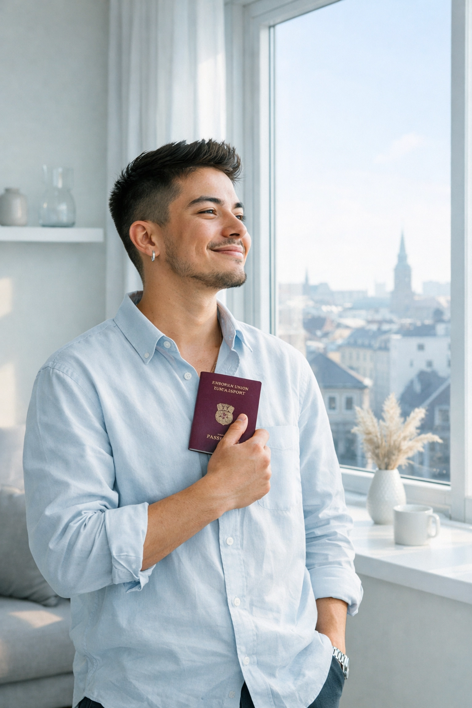 A trans man in a Danish apartment holding a passport, celebrating legal gender recognition.