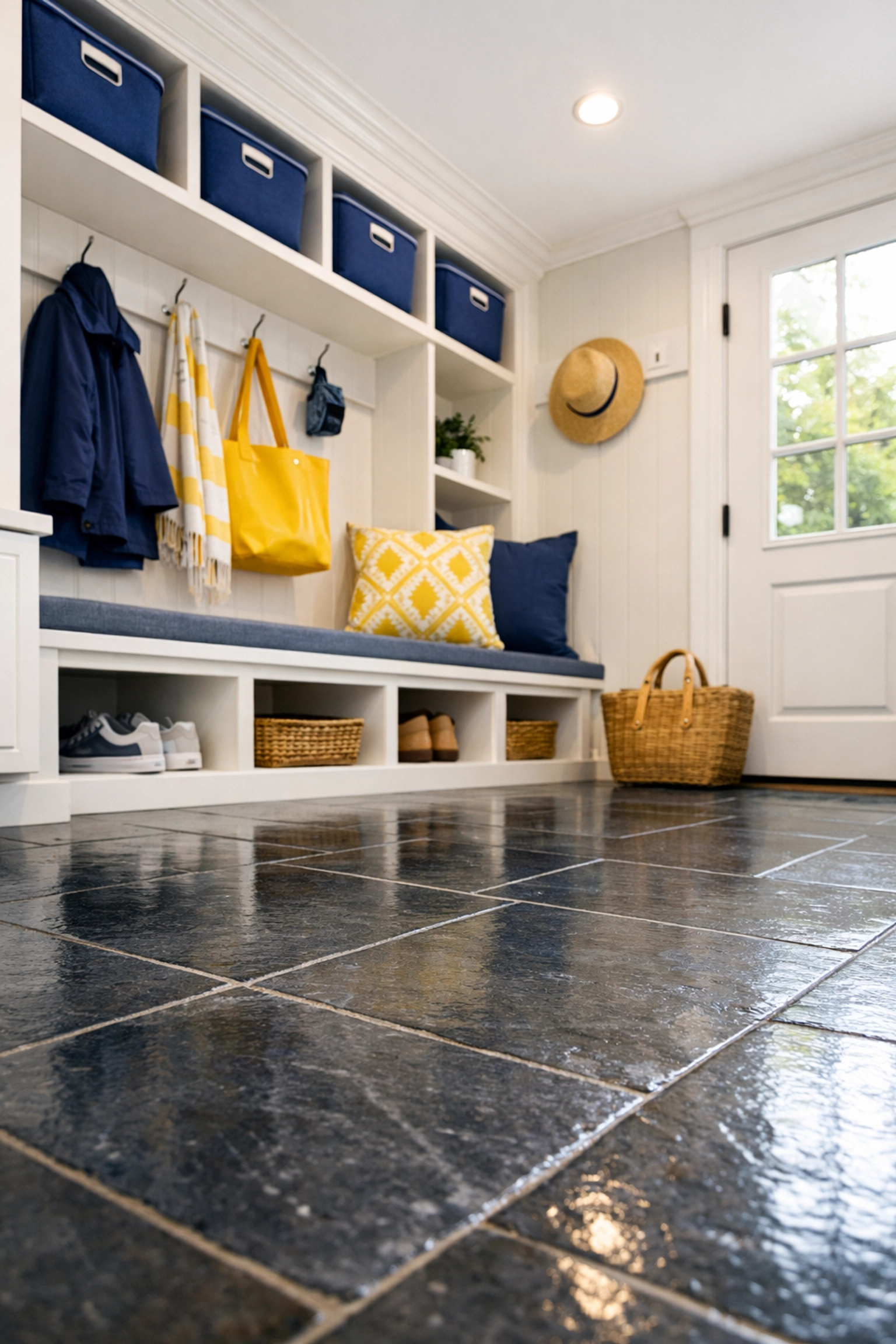 Immaculate slate tile mudroom demonstrating the organized Ninja standard of luxury house cleaning in Weston.