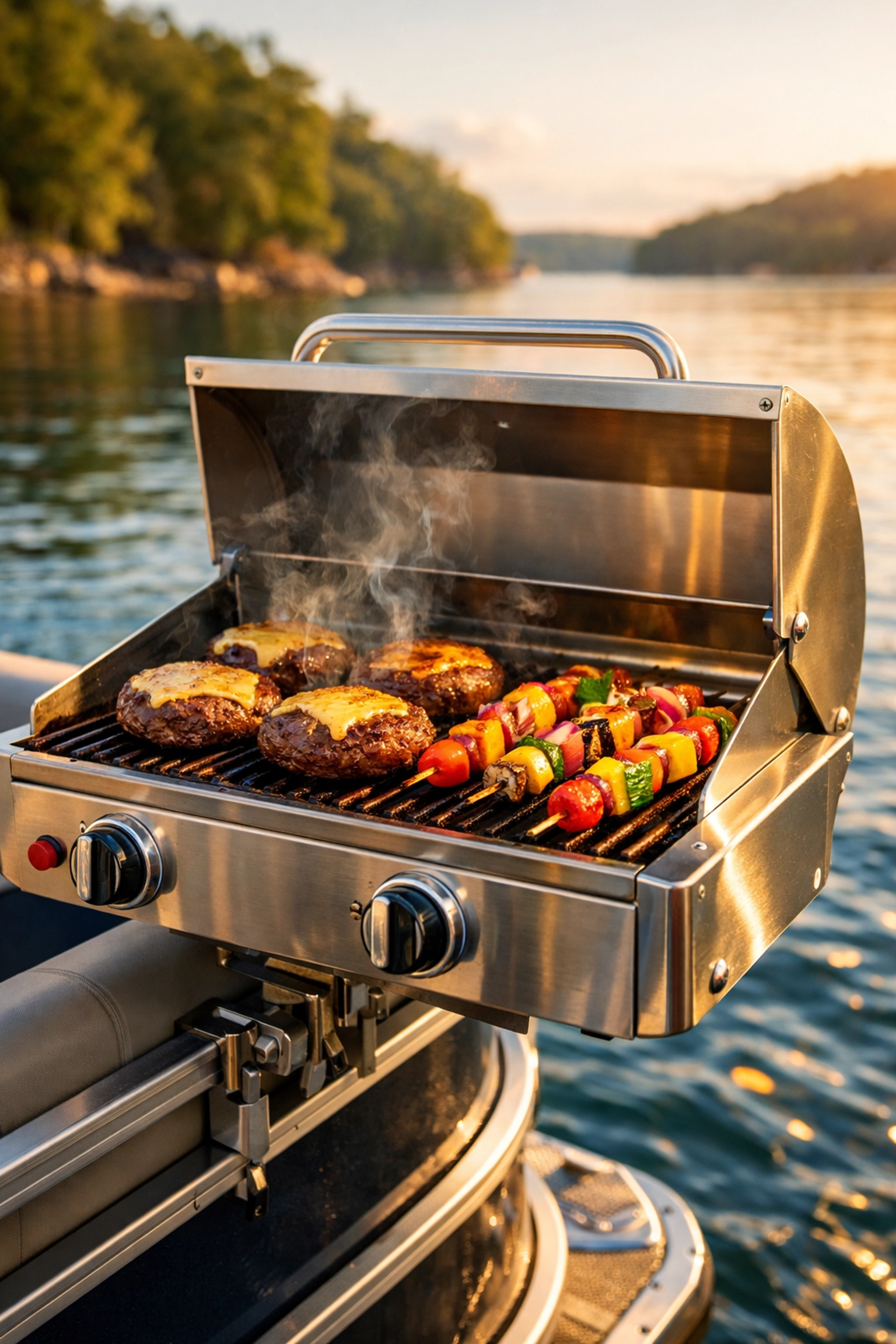Stainless steel pontoon boat grill accessory mounted to the rail for cooking food on the lake.