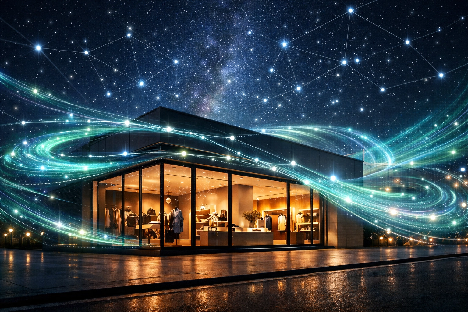 A sleek retail storefront connected to a digital network representing the future of global Web3 commerce.