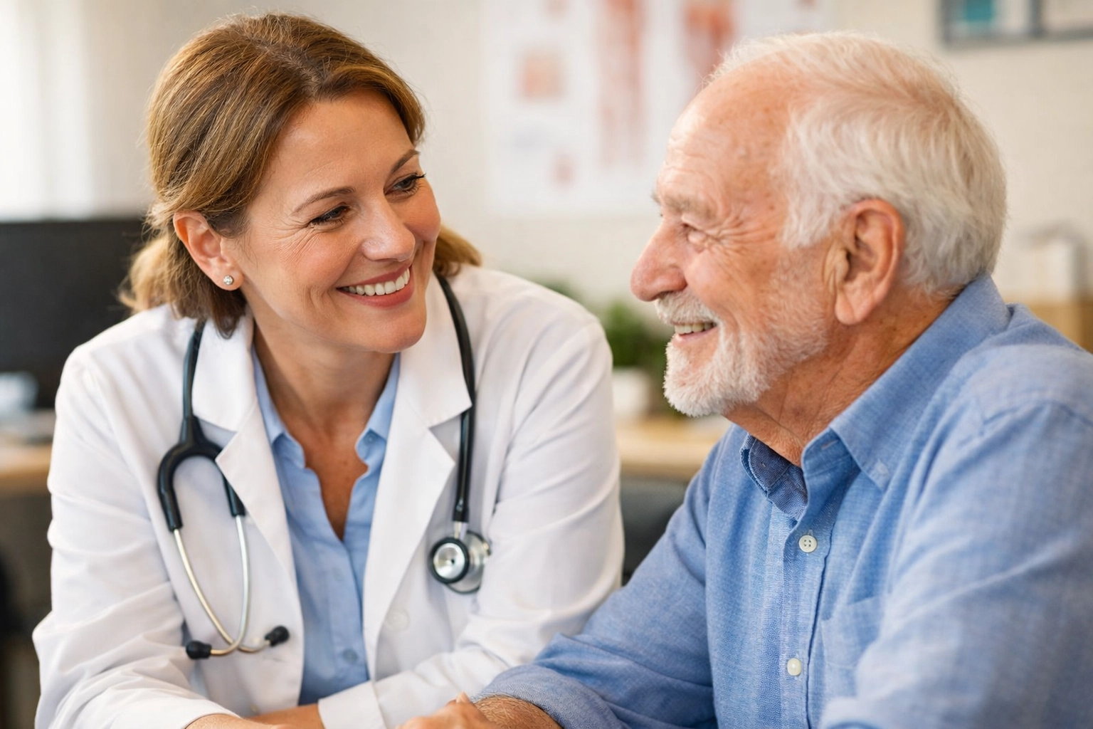 Senior man discussing fall prevention and medical health with a supportive doctor in a clinic.