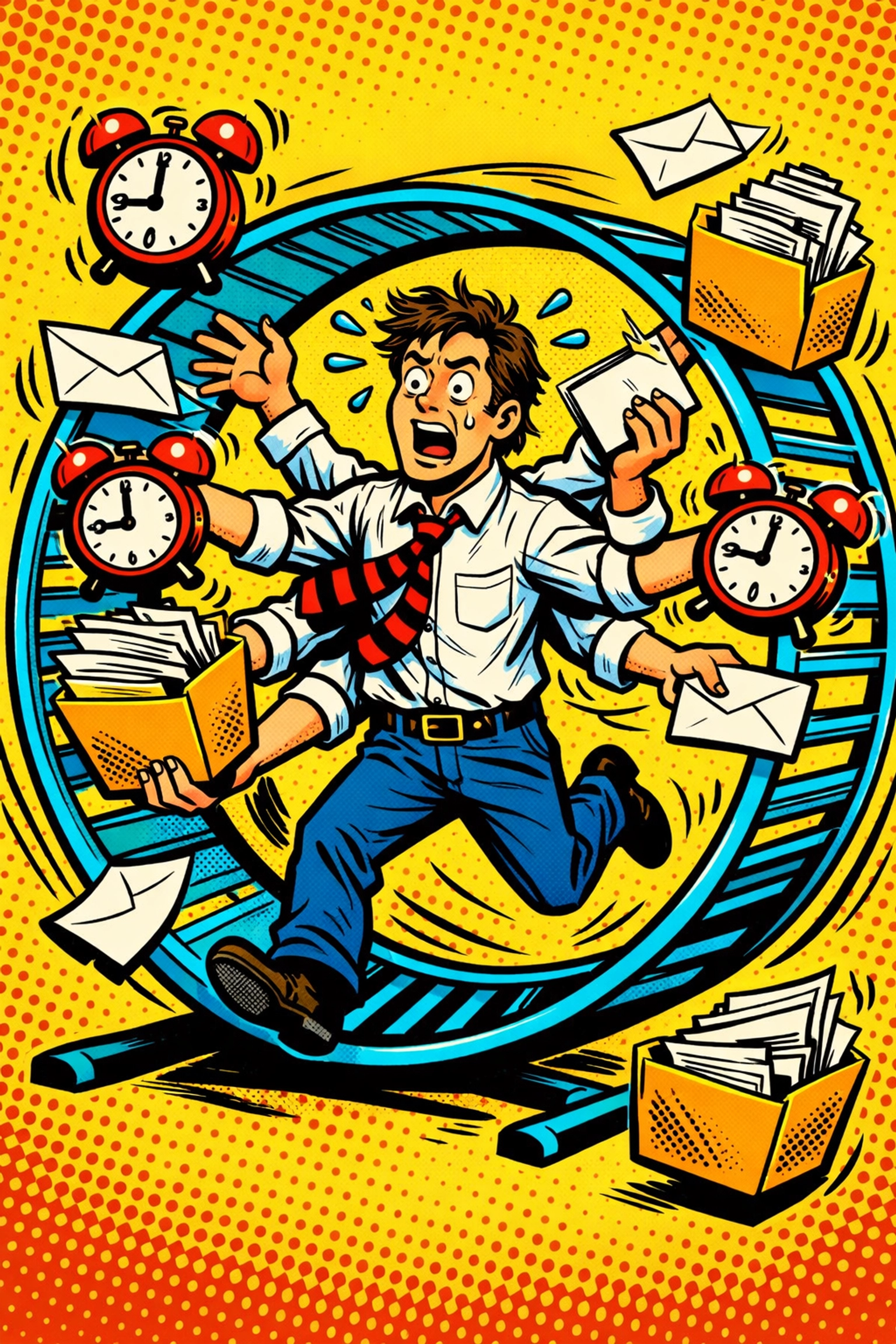 Overwhelmed business owner juggling manual tasks in a hamster wheel before workflow automation.
