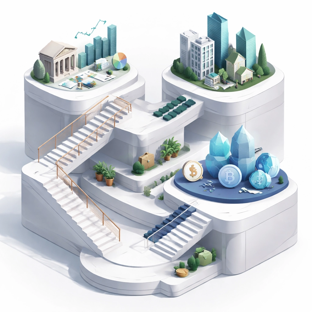 Balanced investment portfolio analogy with traditional assets, real estate, and digital assets, symbolizing portfolio diversification in 2026