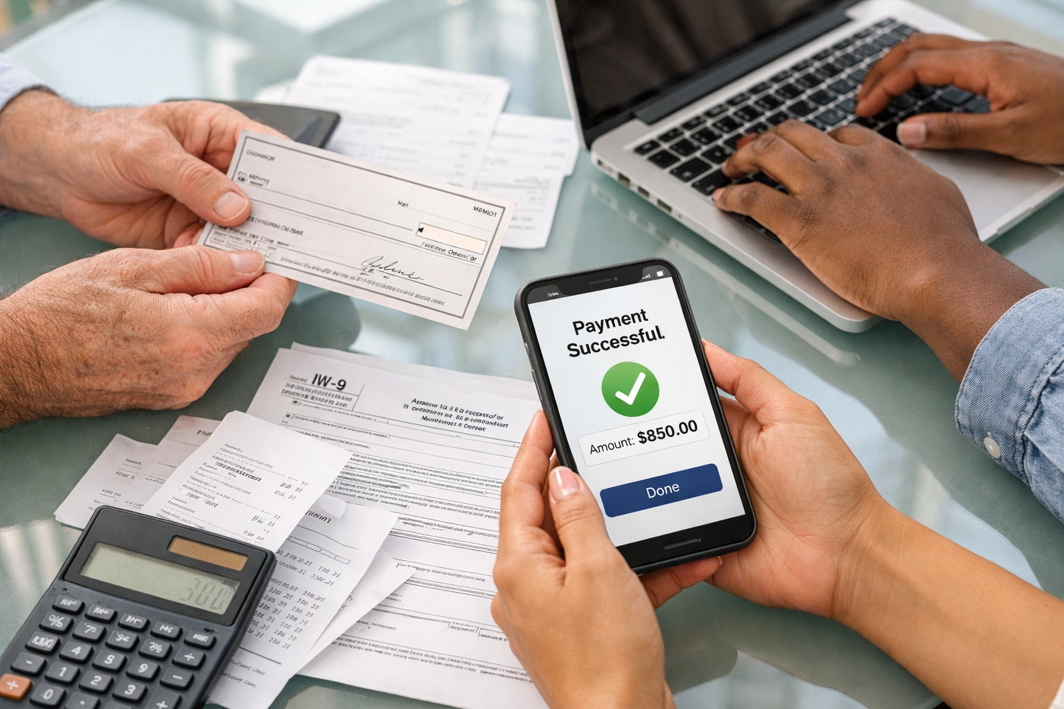 Tax preparation showing multiple payment methods including checks and digital payments