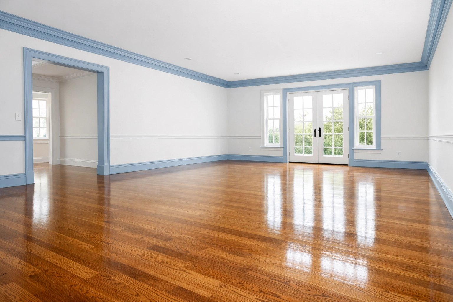 Clean empty living room with polished hardwood floors after a professional move-out cleaning in Stow.
