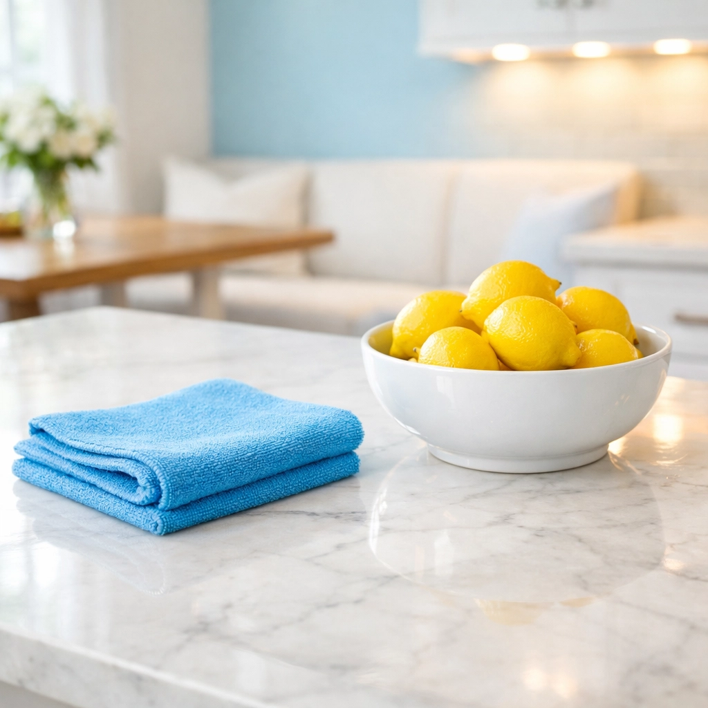 Eco-friendly weekly house cleaning in Holden MA results on a sparkling marble kitchen island.