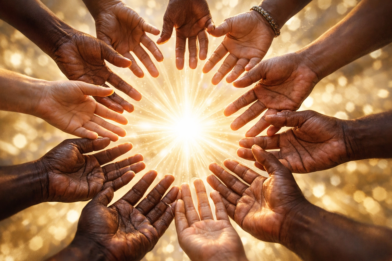 Diverse hands reaching toward a bright light symbolizing global Christian solidarity and unity in the Holy Spirit.