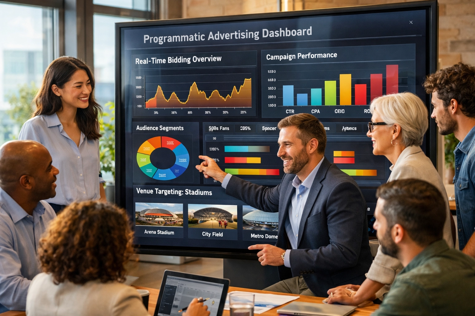 Marketing team analyzing programmatic advertising metrics and DOOH campaign performance data