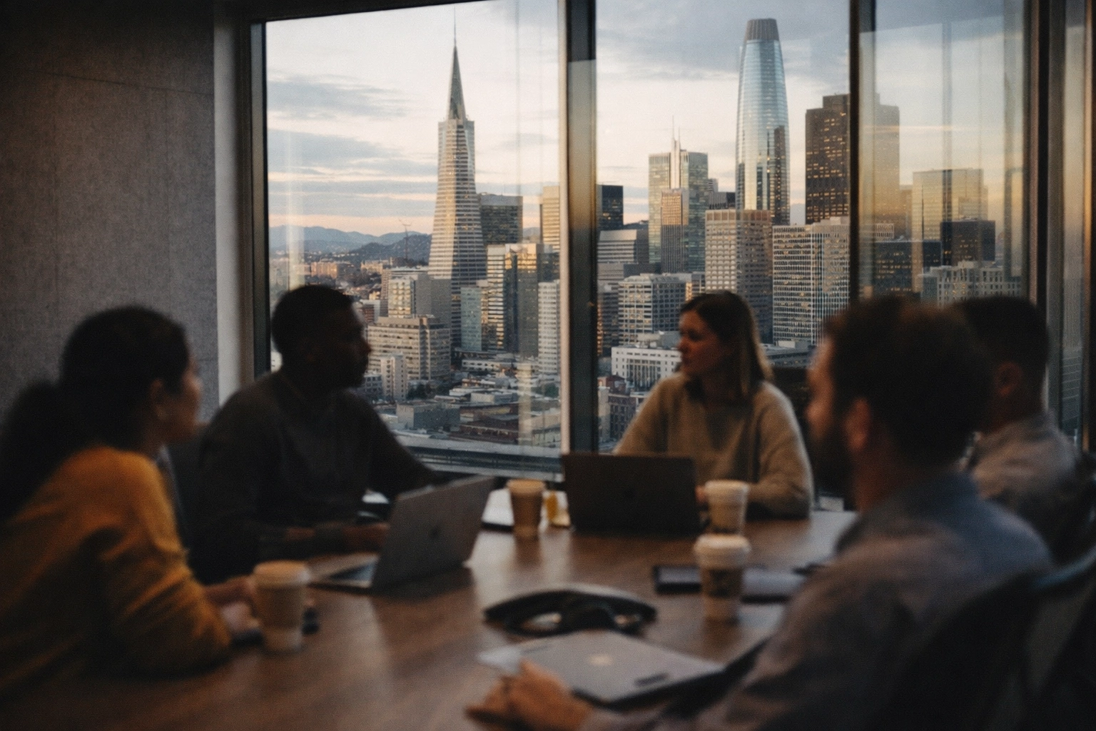 Business professionals in a San Francisco office overlooking the city during Wrtn's global expansion.