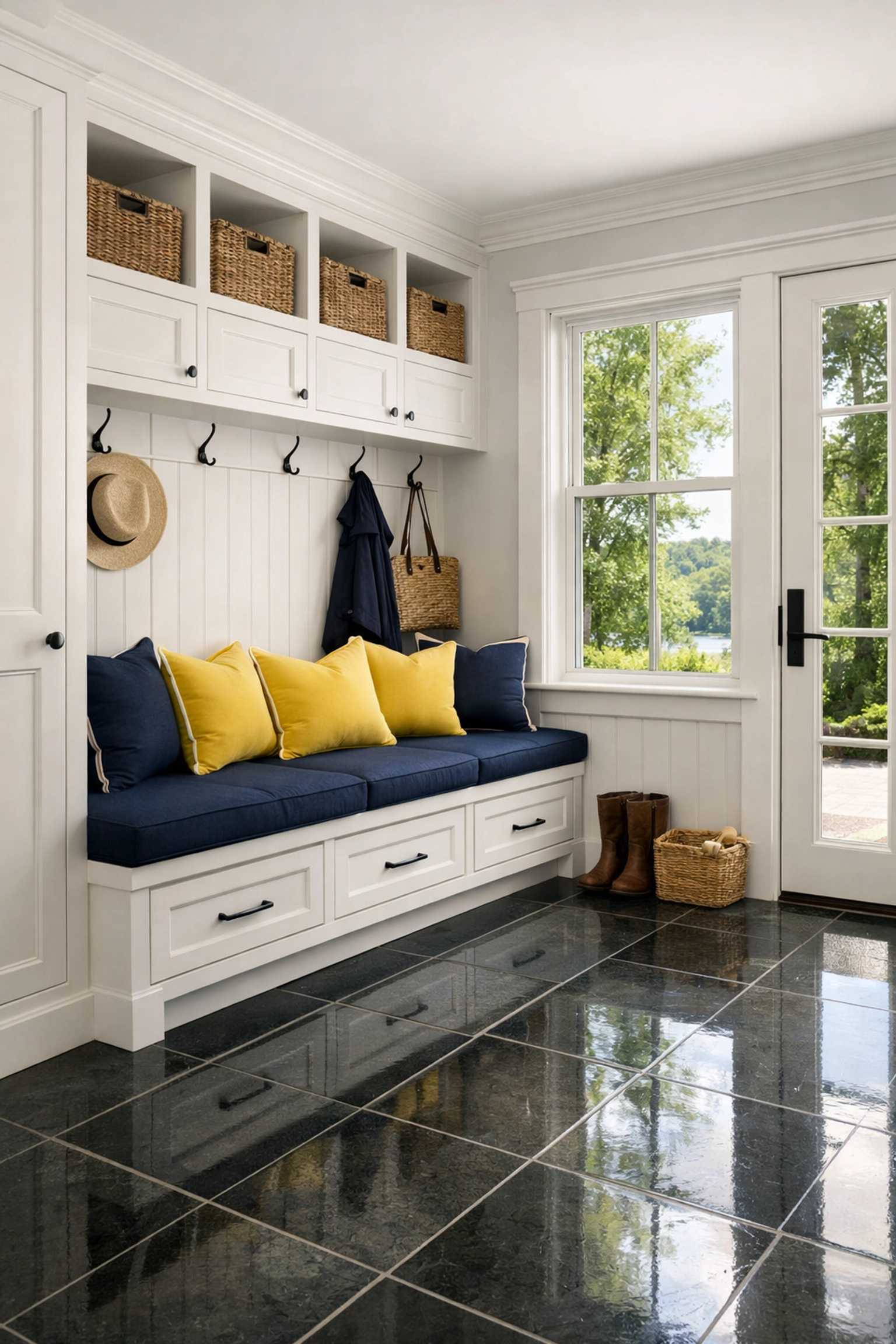 Polished slate entryway floor showing detailed house cleaning in a luxury Hubbardston residence.