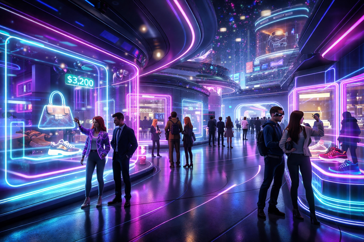 Virtual metaverse shopping mall with avatars engaging in social commerce and holographic storefronts, highlighting Larecoin B2B2C social shopping advantages.