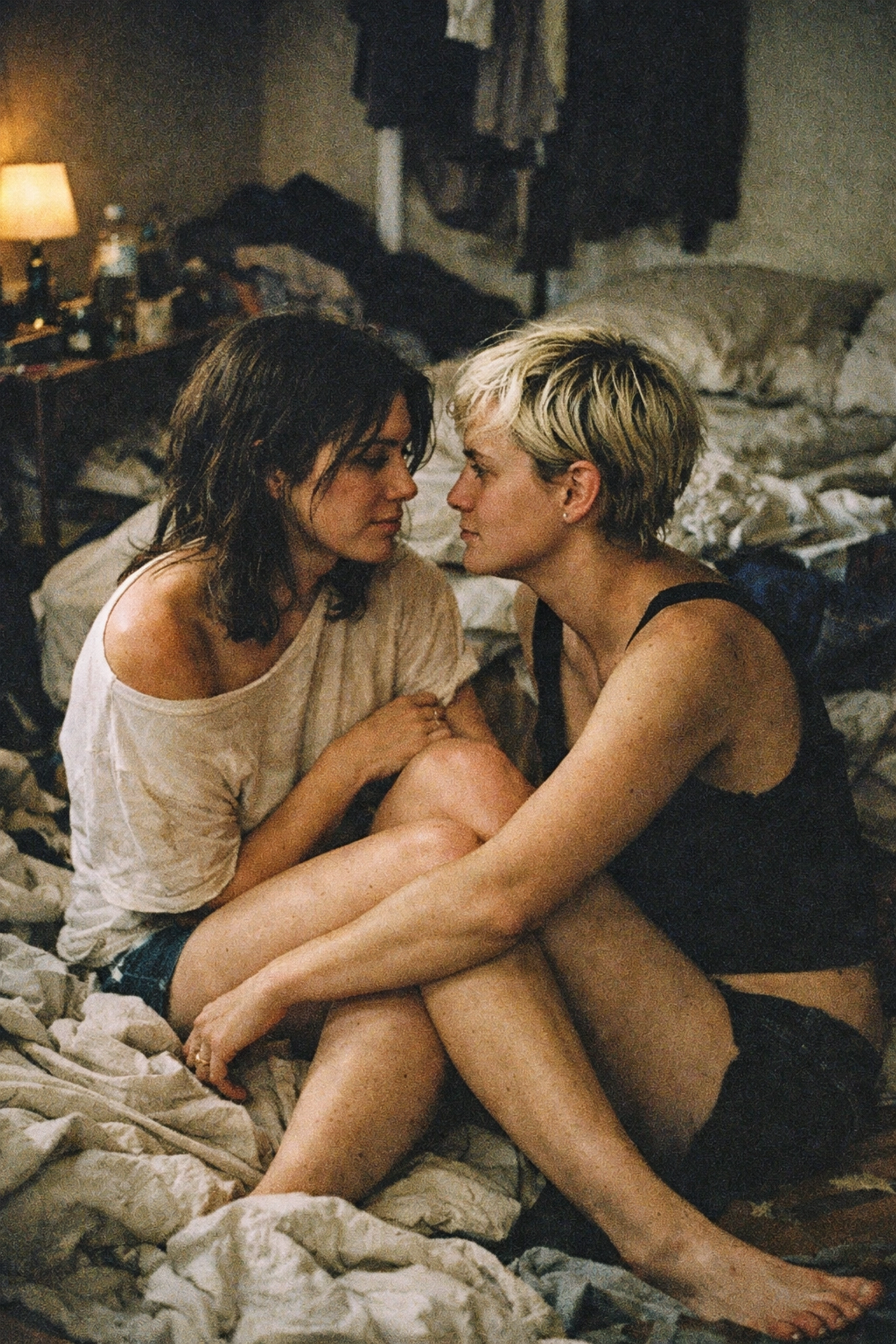 A queer couple sharing an intimate moment in bed, representing the authentic GFE meaning in the porn lexicon.