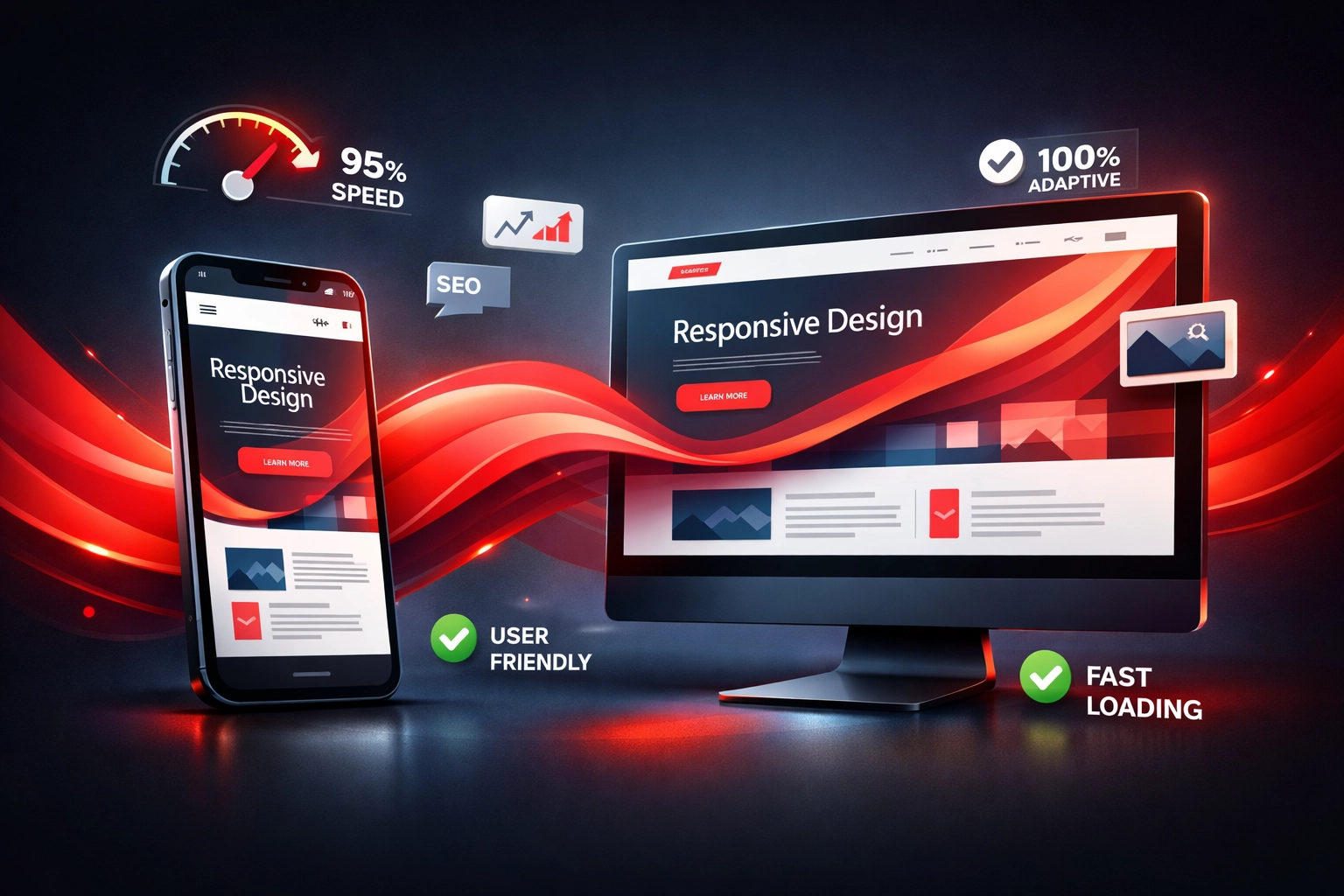 Mobile responsive website design displayed on phone and desktop devices