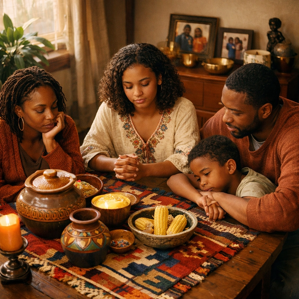 Black family sharing meal with cultural traditions at dining table in blended home