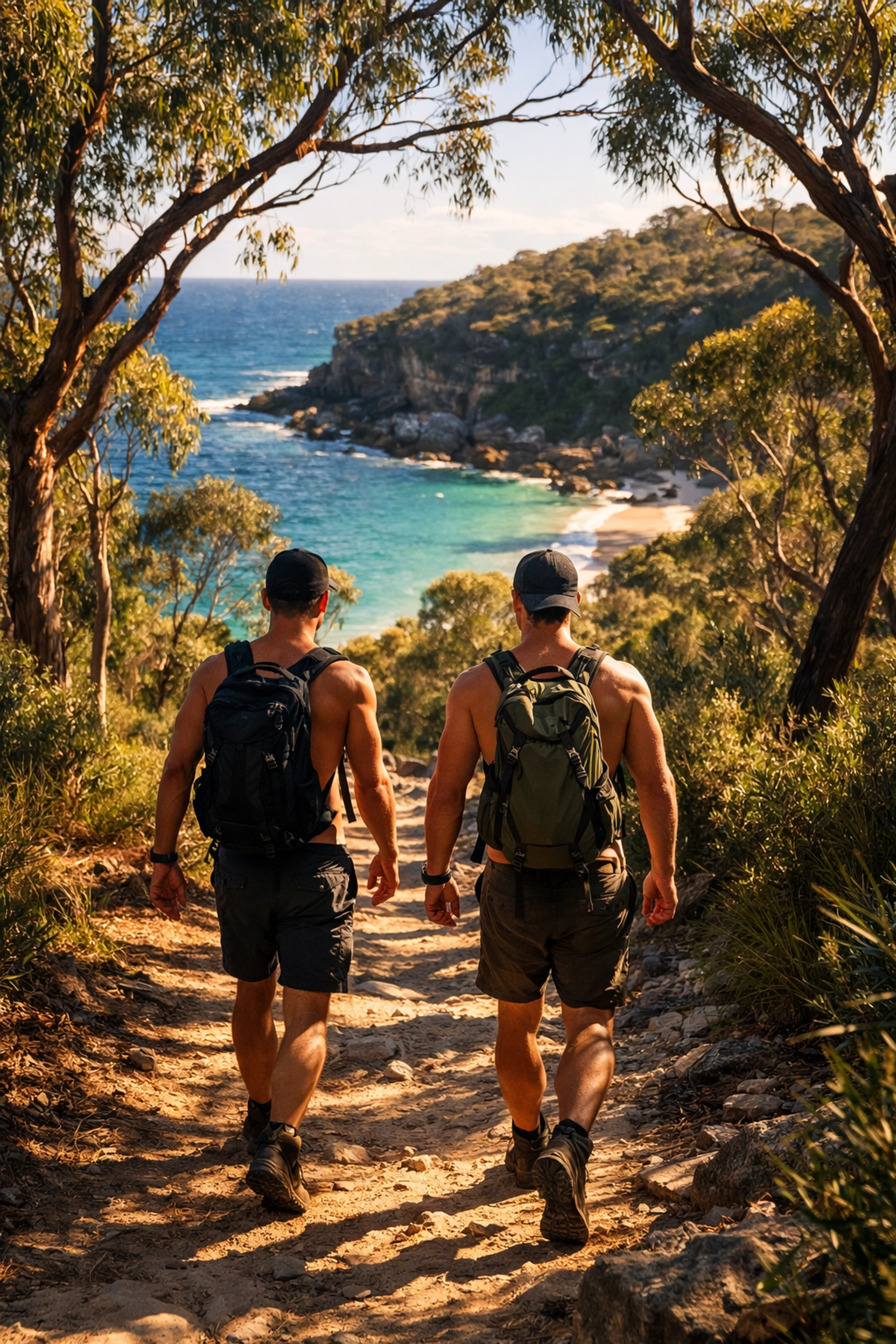 Hikers on coastal trail to Collins Flat Beach near Manly, Sydney