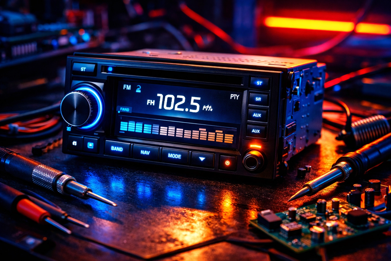 Radio repair service in Chattanooga with professional technician working on car stereo head unit