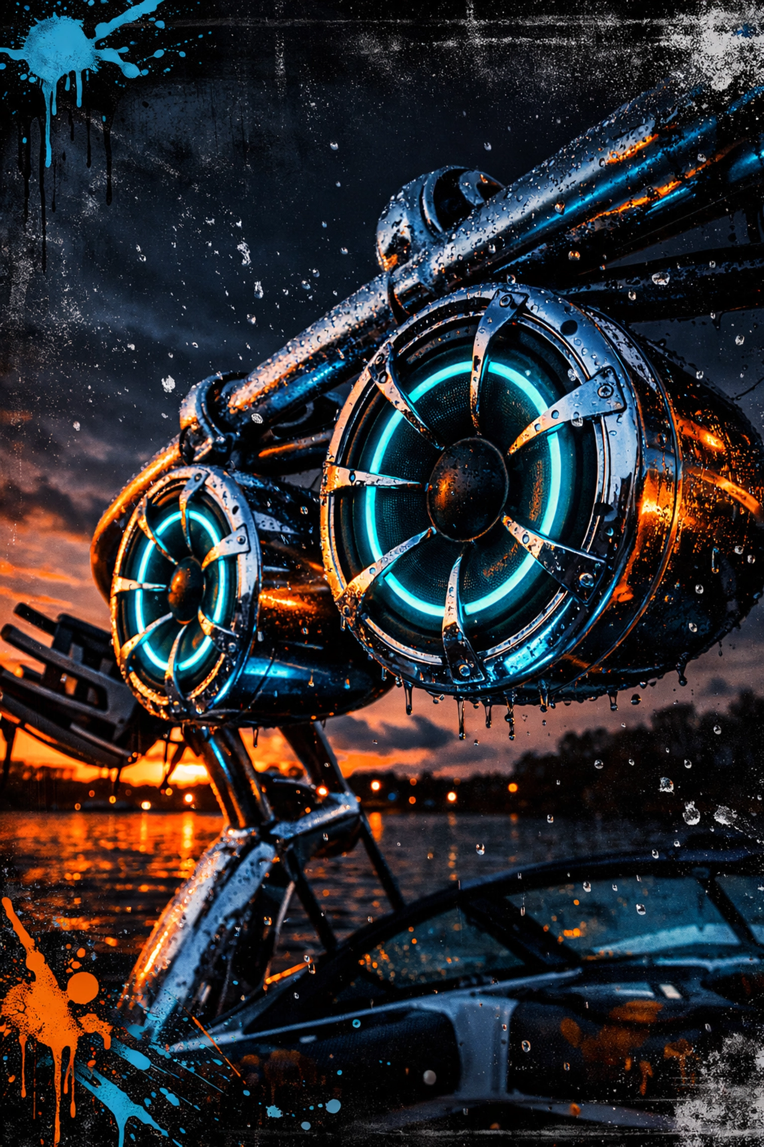 Custom waterproof marine speakers with cyan LED rings installed on a wakeboard boat tower at dusk.