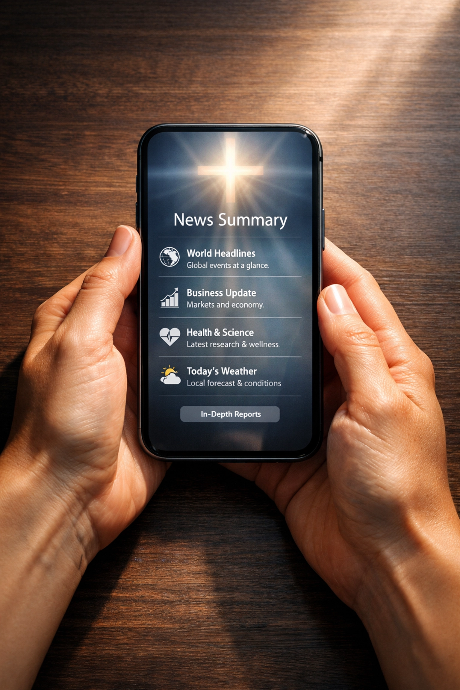 Hands holding phone displaying calm organized news with peaceful Christ-centered approach
