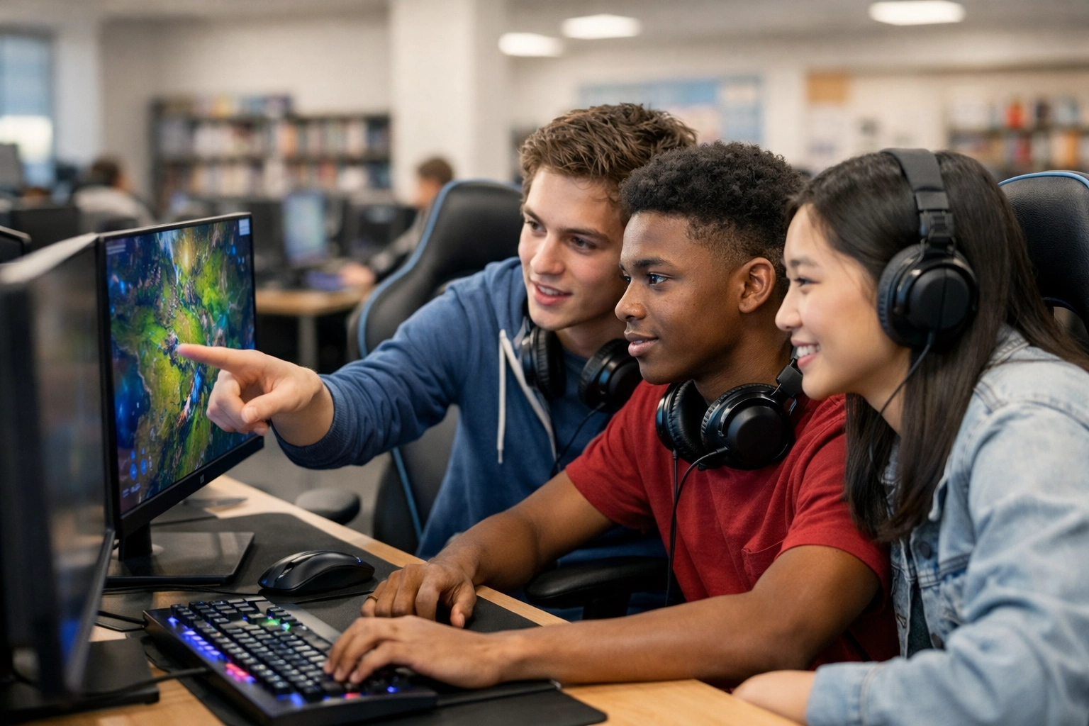 High school students collaborating in a modern school media center using Dakdan's esports technology.