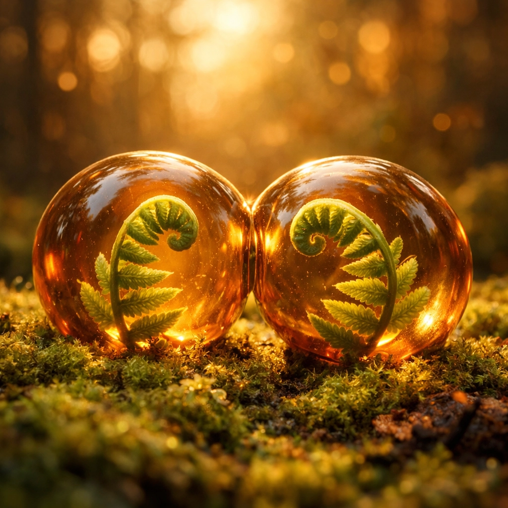 Amber glass spheres with ferns on moss, representing connection and shared growth in healing relationships.