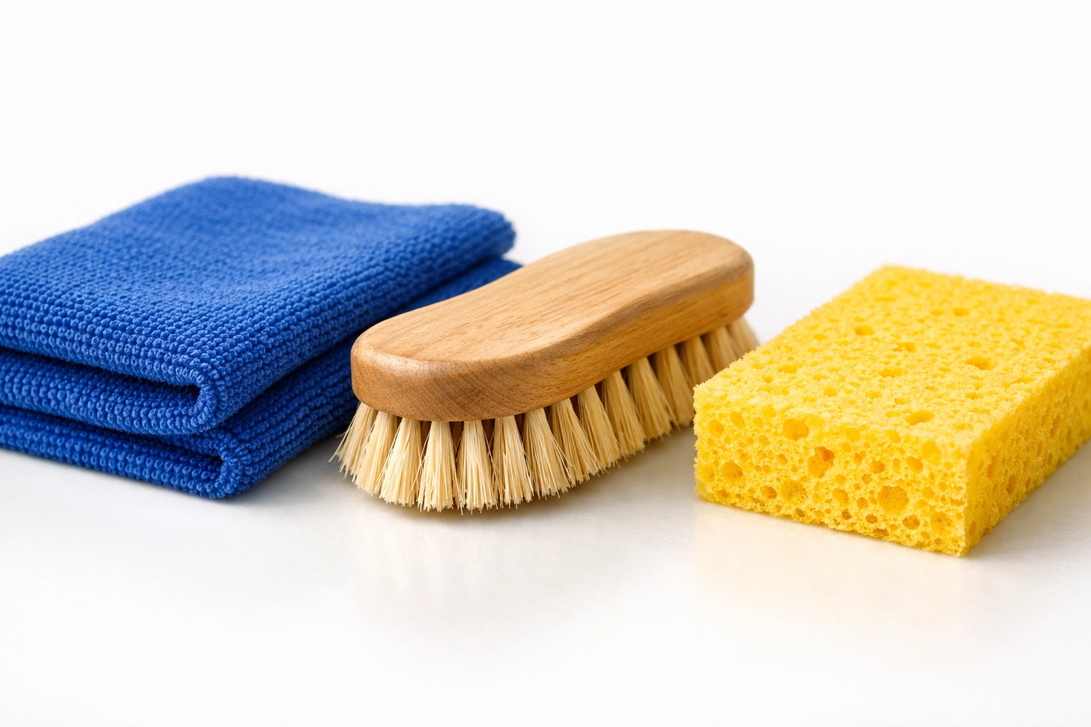 Eco-friendly cleaning tools including microfiber and wood brushes for a healthy Stow home.