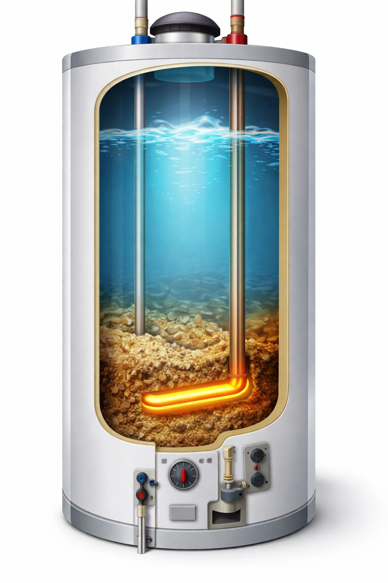 Cutaway of water heater tank with visible sediment buildup, illustrating common repair needs