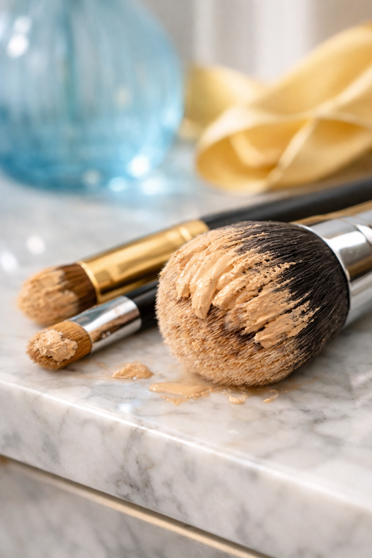 Dirty professional makeup brushes with foundation residue on a marble vanity, illustrating product buildup.