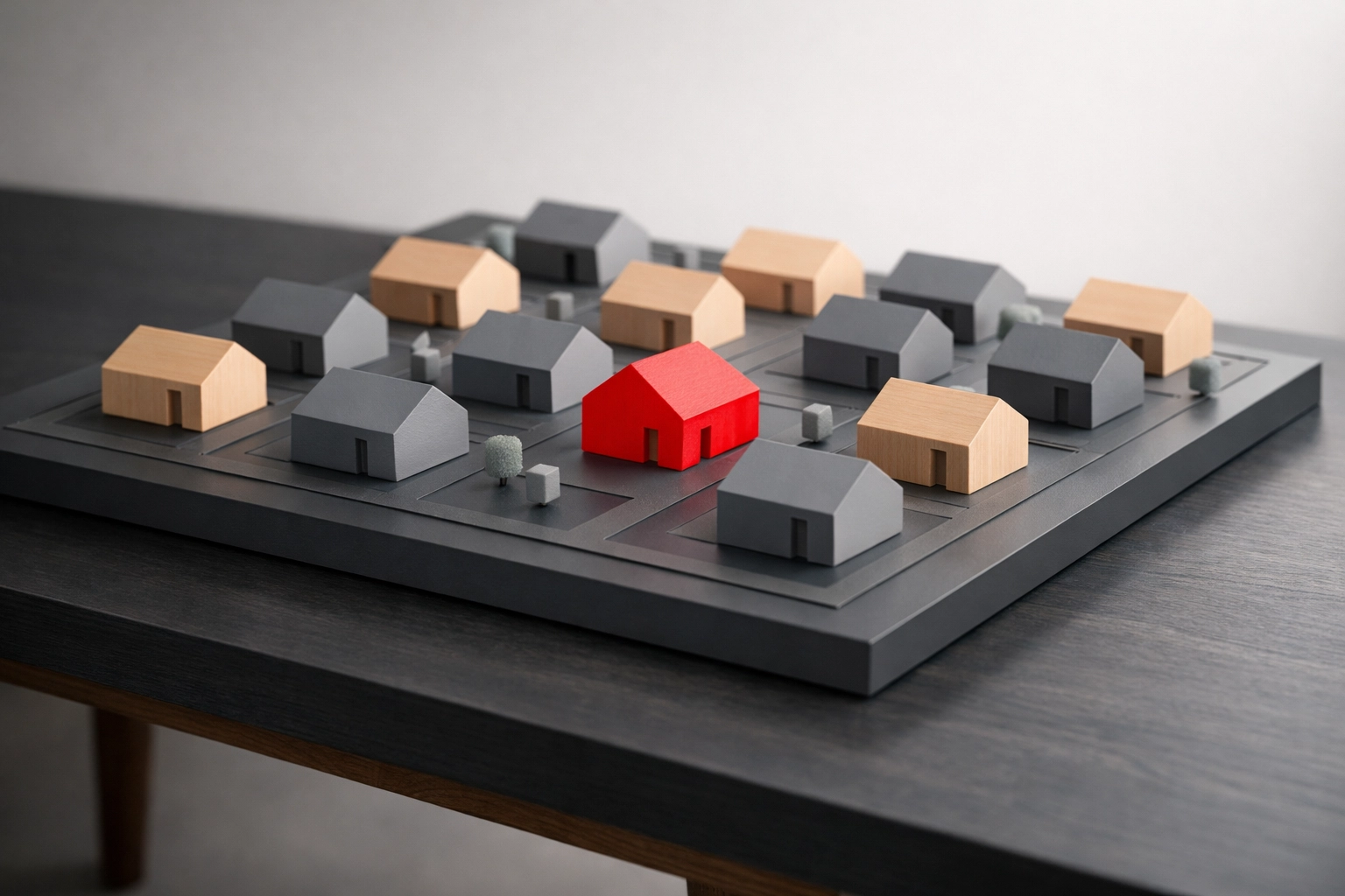 Minimalist neighborhood model with a red house representing off-market inventory in the 2026 real estate market.